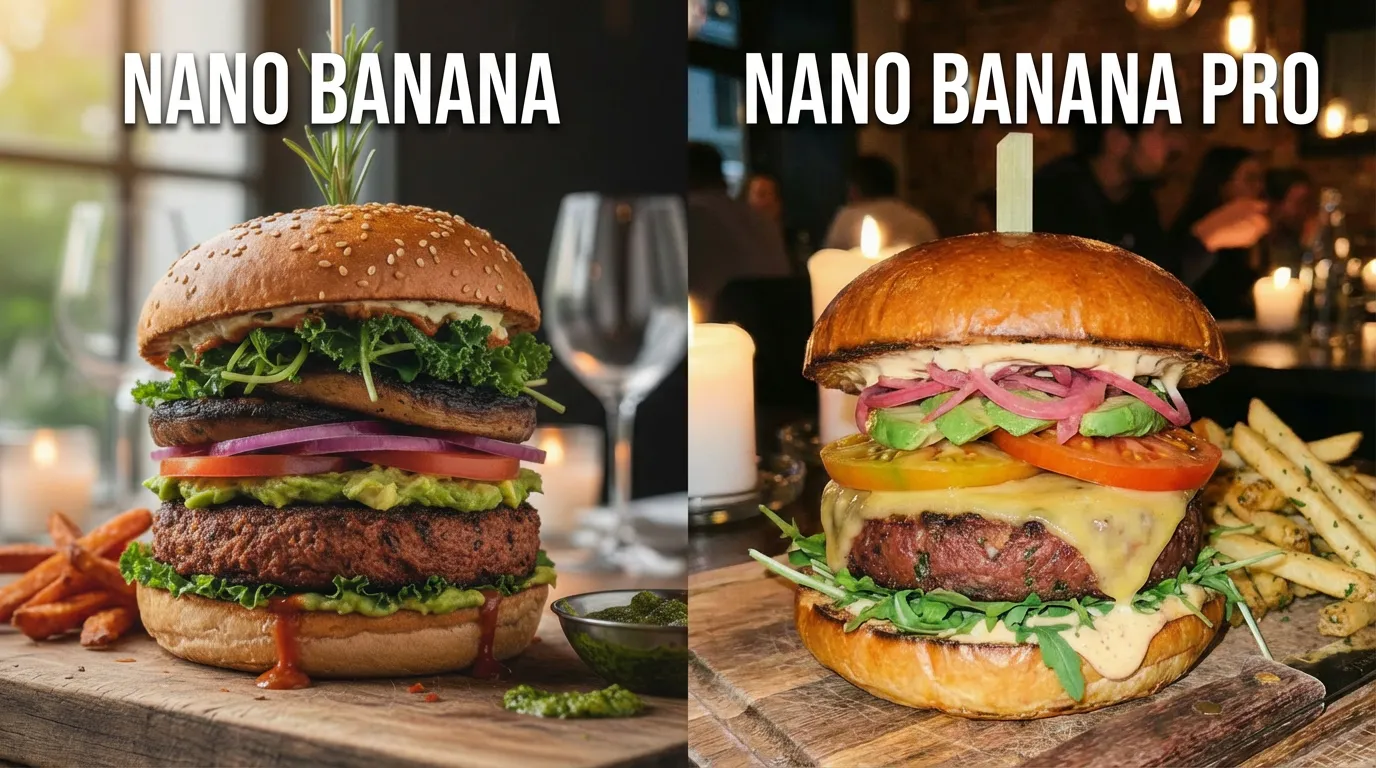A close-up, appetizing shot of a gourmet vegan burger stacked high with fresh vegetables, served on a rustic wooden board in a dimly lit restaurant.