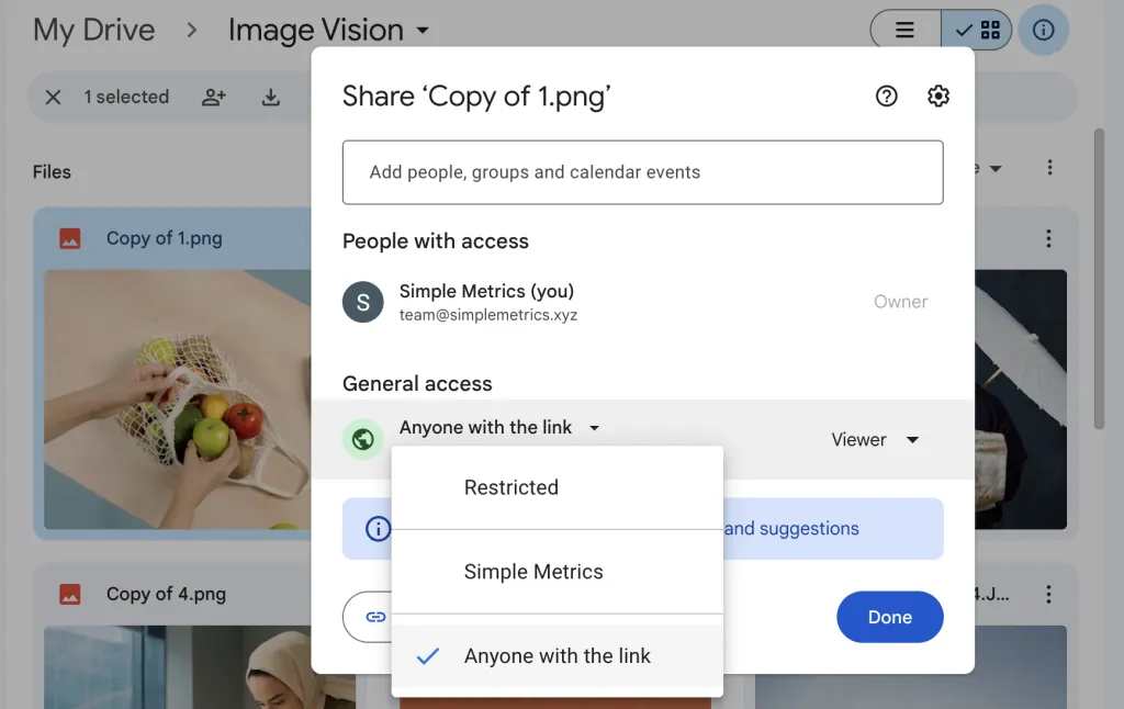 Change Google Drive sharing to Anyone with the link