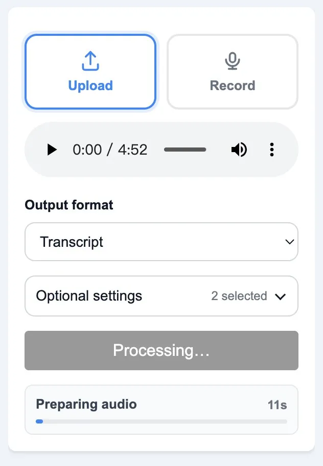 Actual AI for Docs Audio to Text screen capture showing an uploaded audio file, the Transcript output format, optional settings and transcription progress