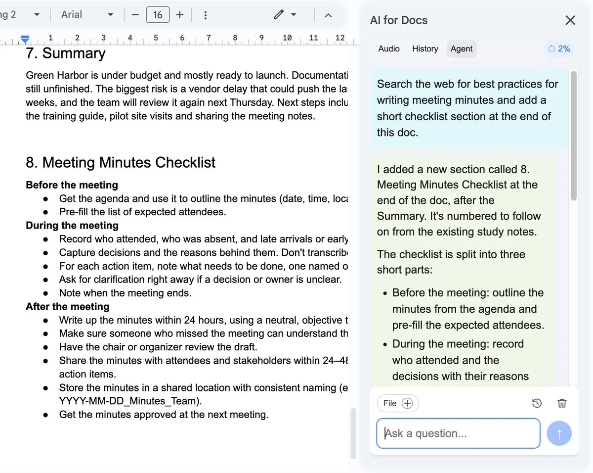 AI for Docs Agent output inserted into a Google Doc