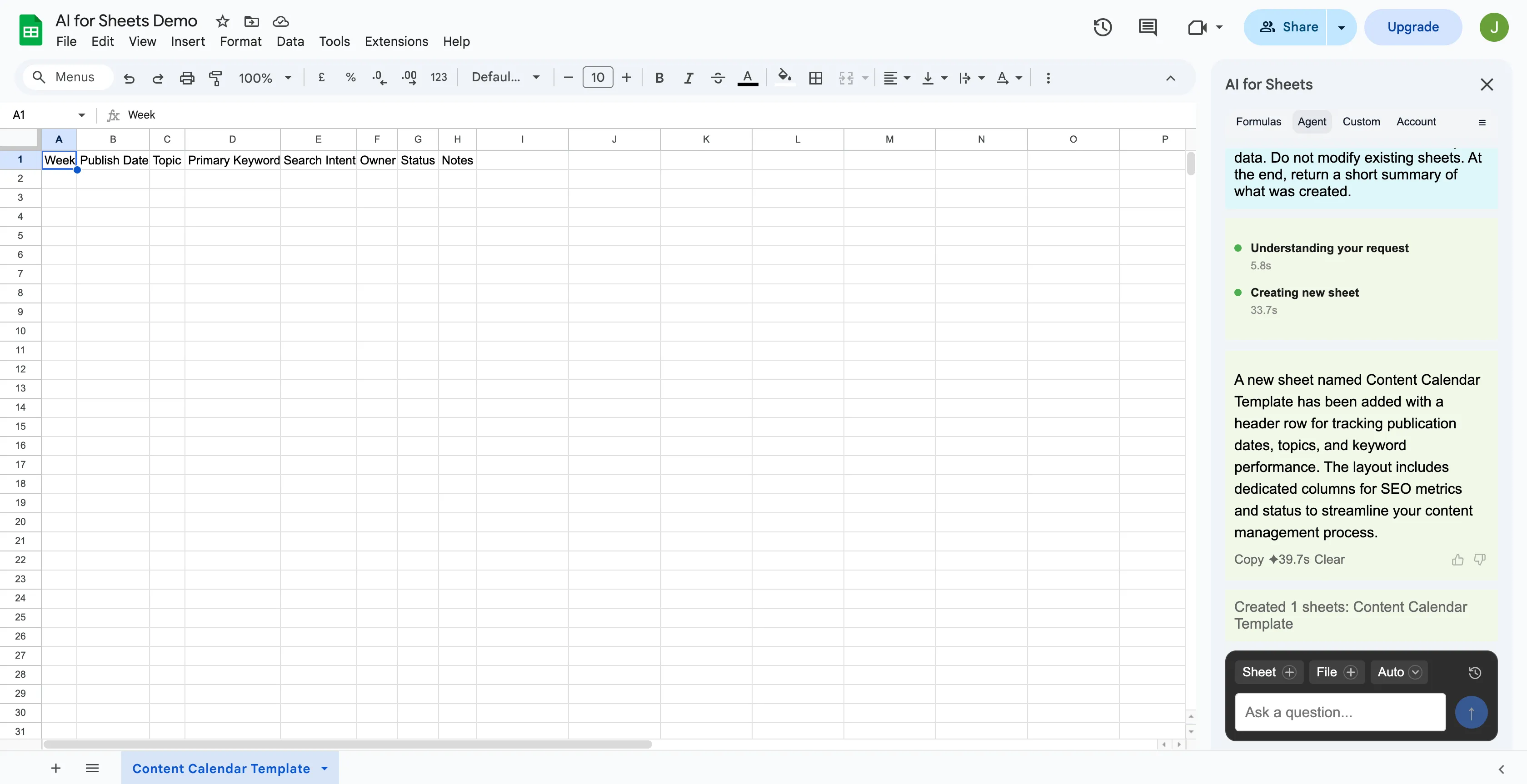 Google Sheets showing an accepted Content Calendar Template while Sheet Agent displays the creation summary