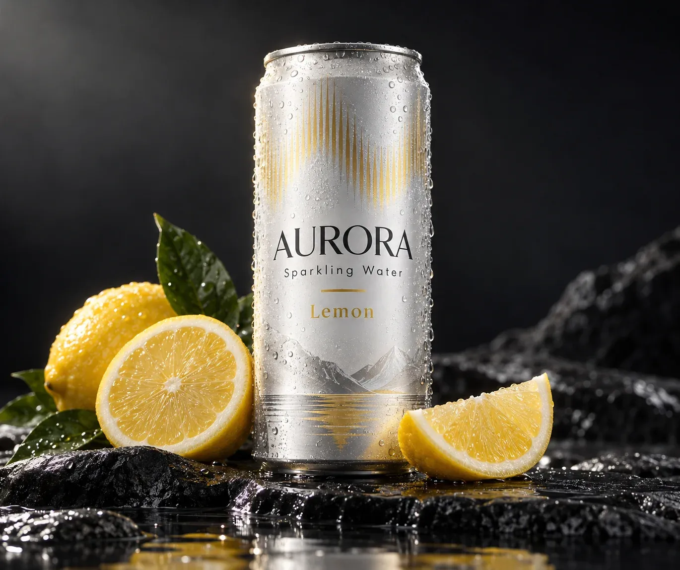 Generated AURORA sparkling water can with readable label text, lemon slices and droplets on wet black stone