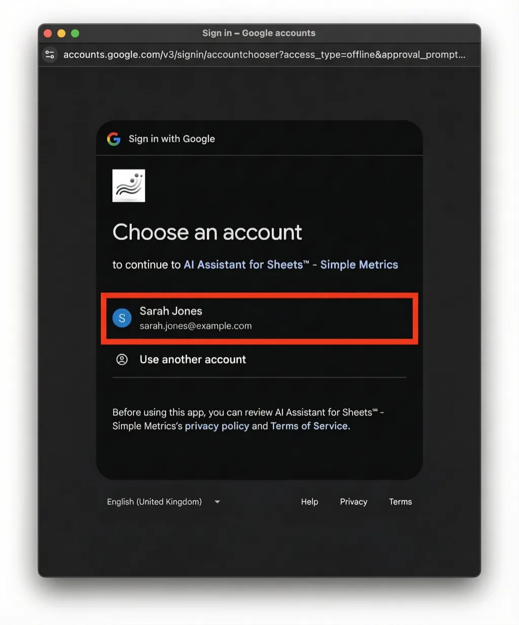 Choose an account prompt during AI for Sheets installation