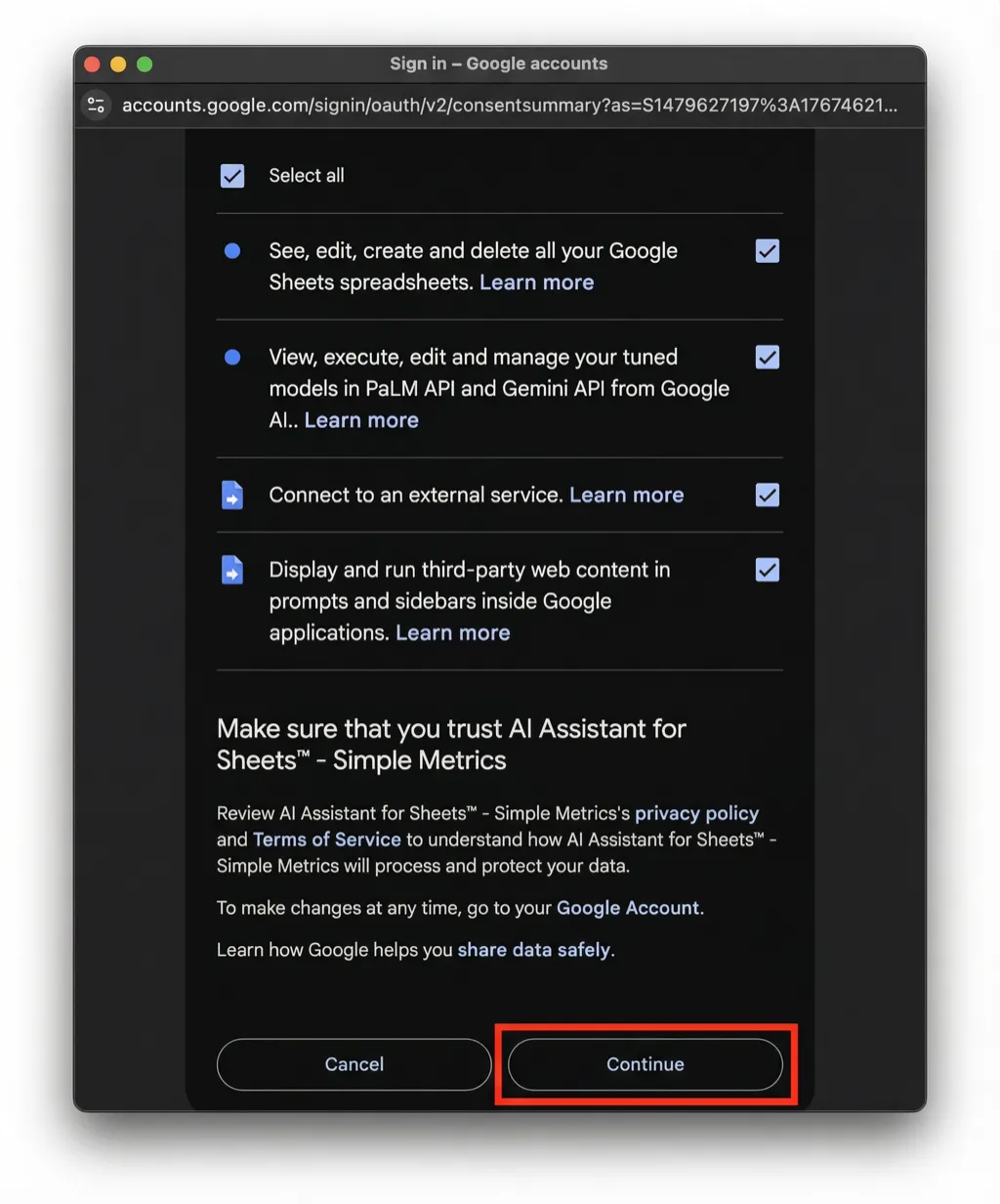 Permissions screen with the Continue button highlighted