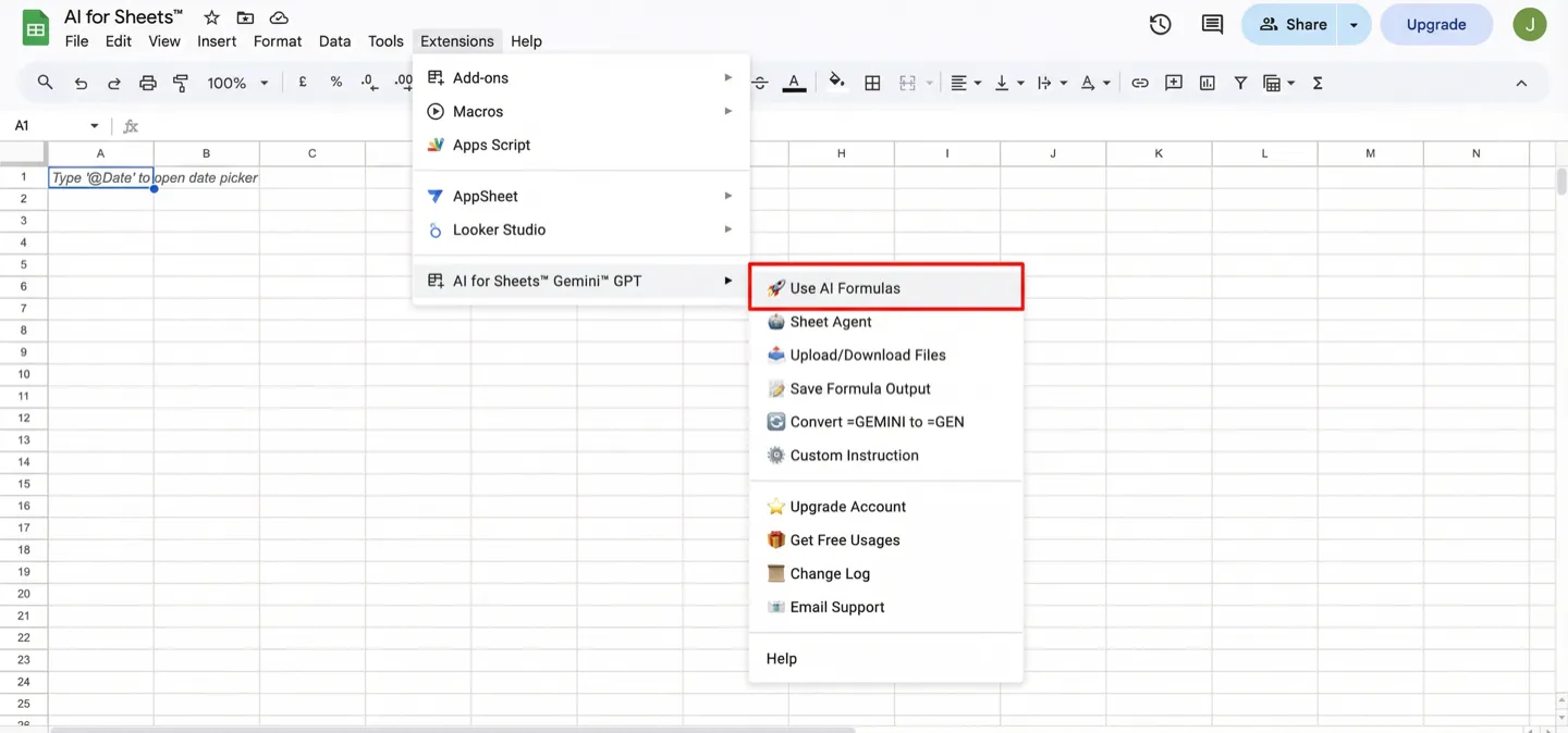 Menu Extensions do Google Sheets com Use AI Formulas destacado
