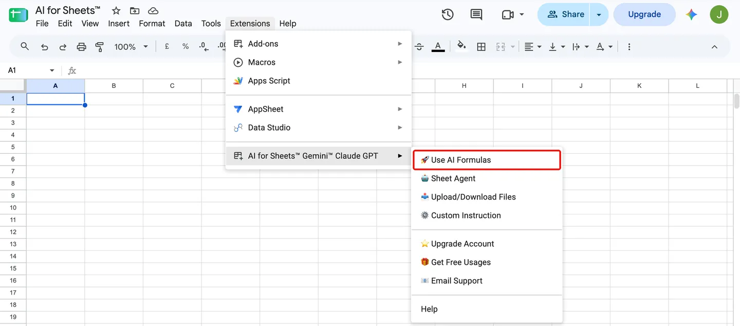 Google Sheets Extensions menu with Use AI Formulas highlighted