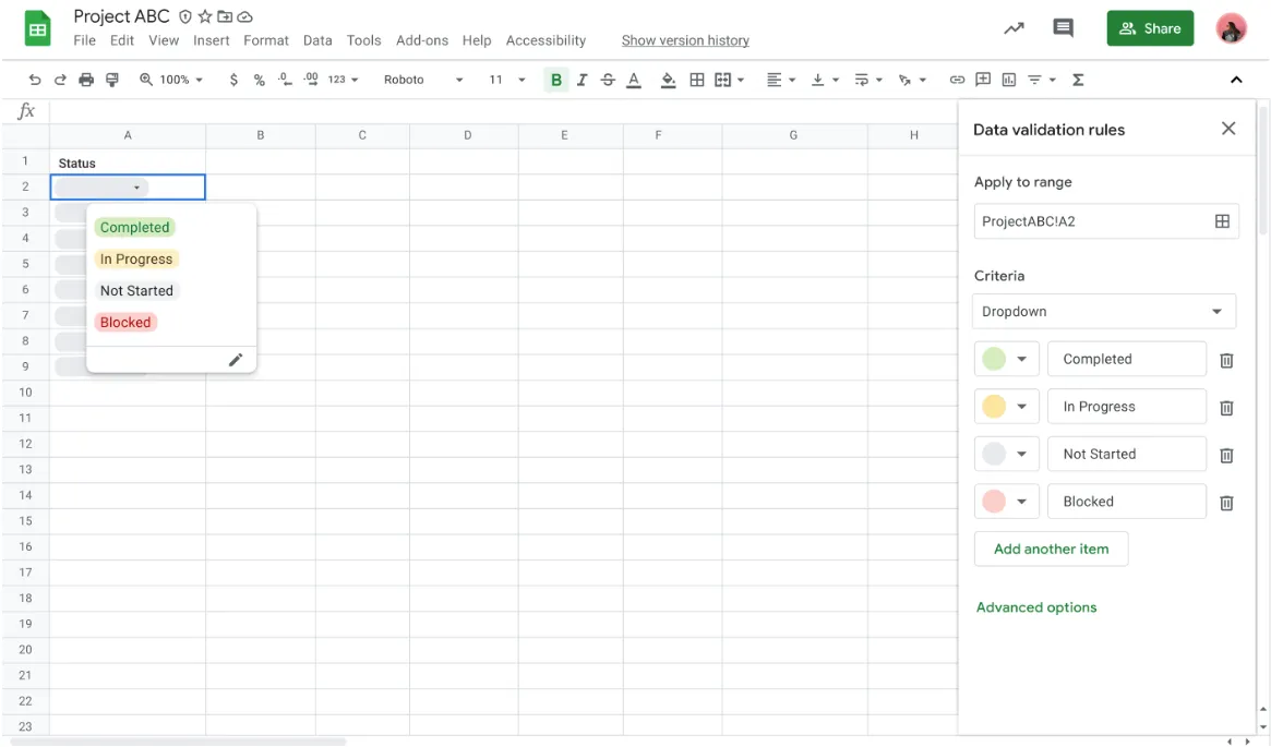Google Sheets dropdown example with a Status column and colour-coded options like Completed, In Progress, Not Started, and Blocked