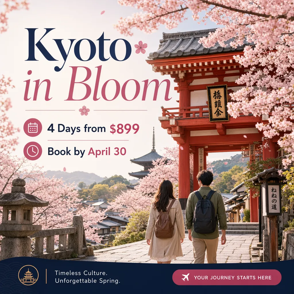 GPT Image 2 high output for the Kyoto in Bloom travel ad prompt