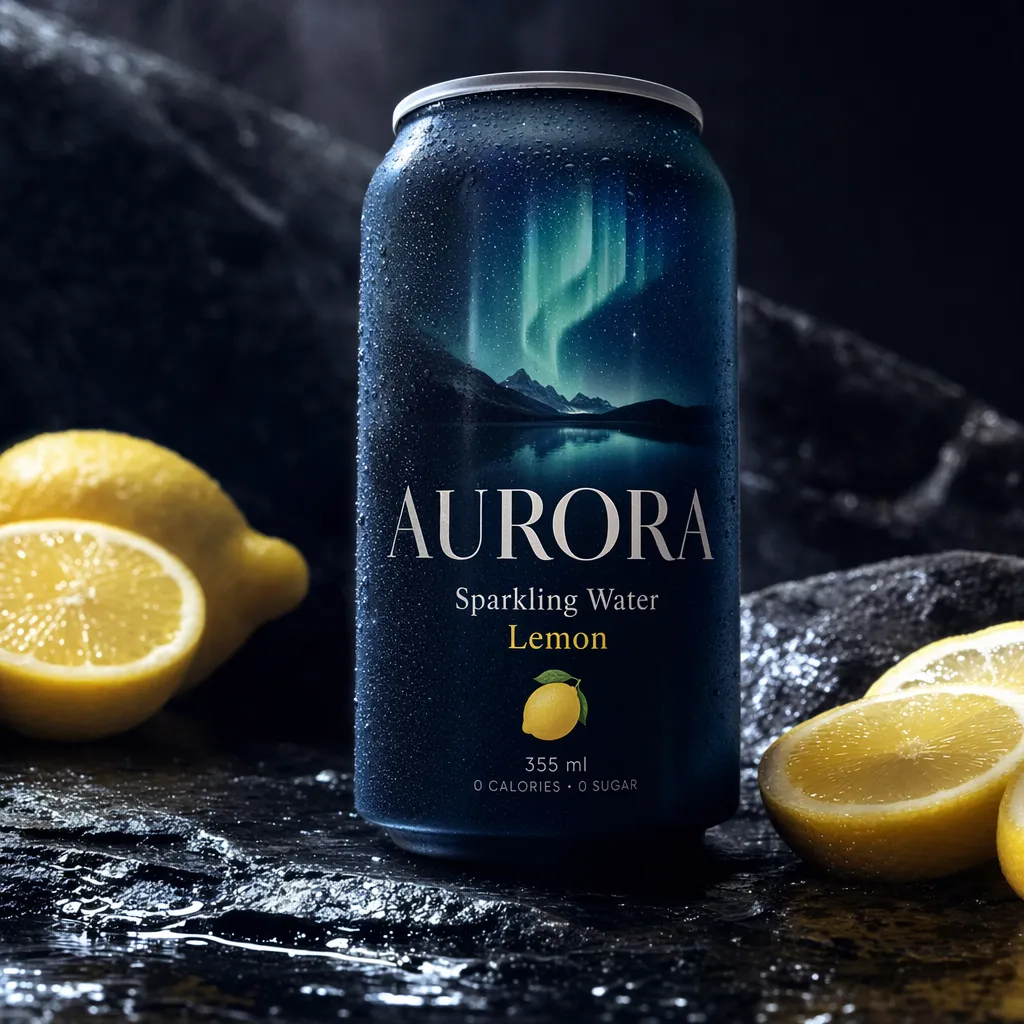 GPT Image 2 high output for the AURORA sparkling water can product photo prompt