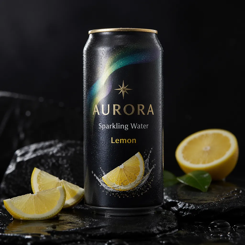 GPT Image 2 low output for the AURORA sparkling water can product photo prompt