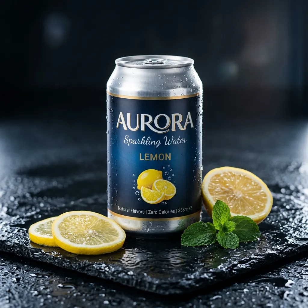 Nano Banana 2 output for the AURORA sparkling water can product photo prompt