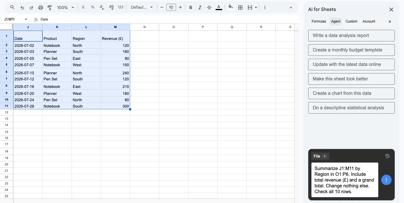 Real Sheet Agent sidebar with the demo instruction entered, alongside ten fictional sales records selected in J1:M11 and the empty output area.