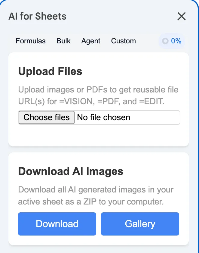 Upload images in AI for Sheets to create working file URLs