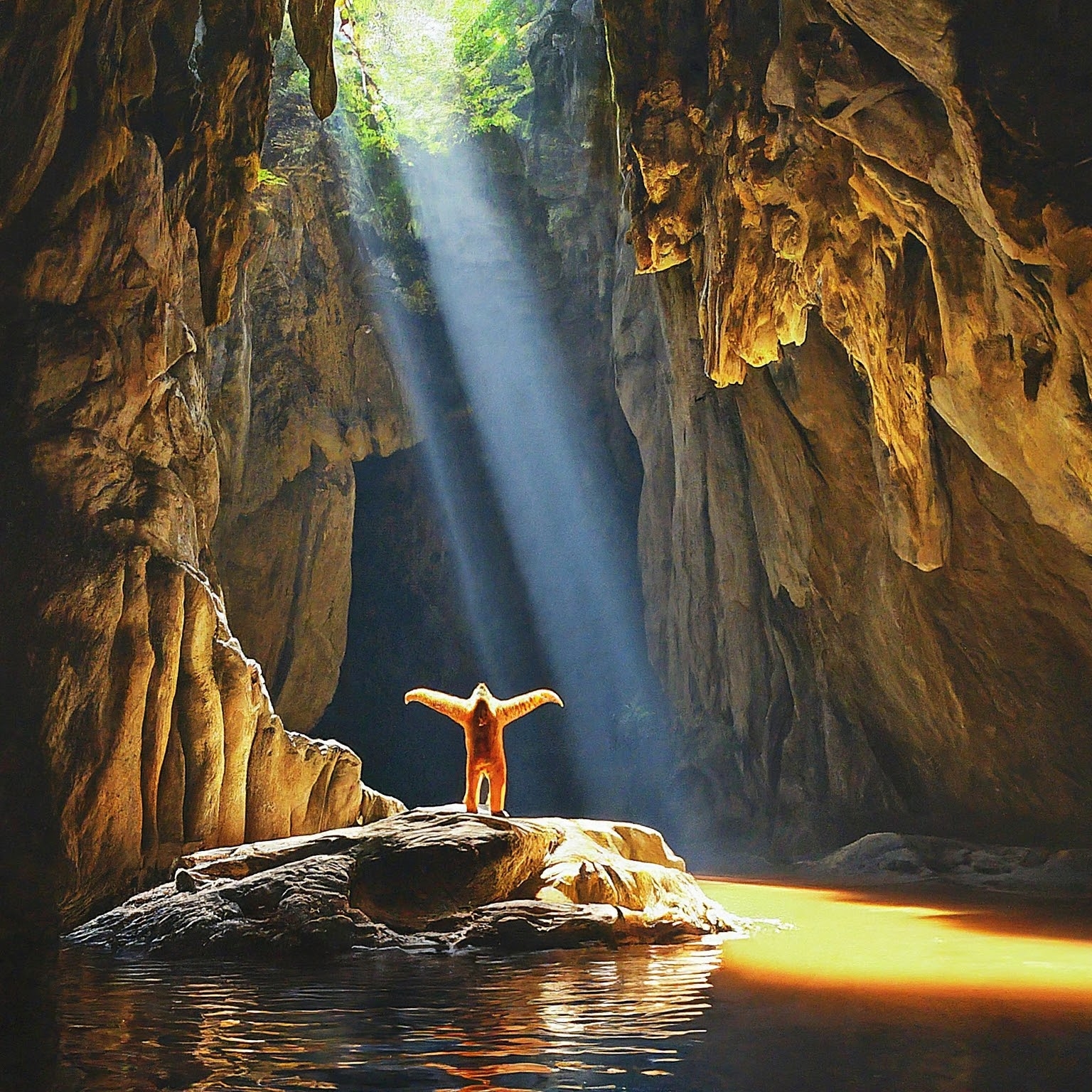 Side view illustration in watercolor style, depicting the interior of The Great Cave in Niah National Park. The cave is filled with towering stone walls and a mysterious atmosphere. Light streams in through an opening in the cave, creating a dramatic beam effect. An orangutan, dressed in explorer attire, stands on a protruding point inside the cave with arms outstretched, contrasting starkly with the cave's immense scale, highlighting the grandeur of the scene.