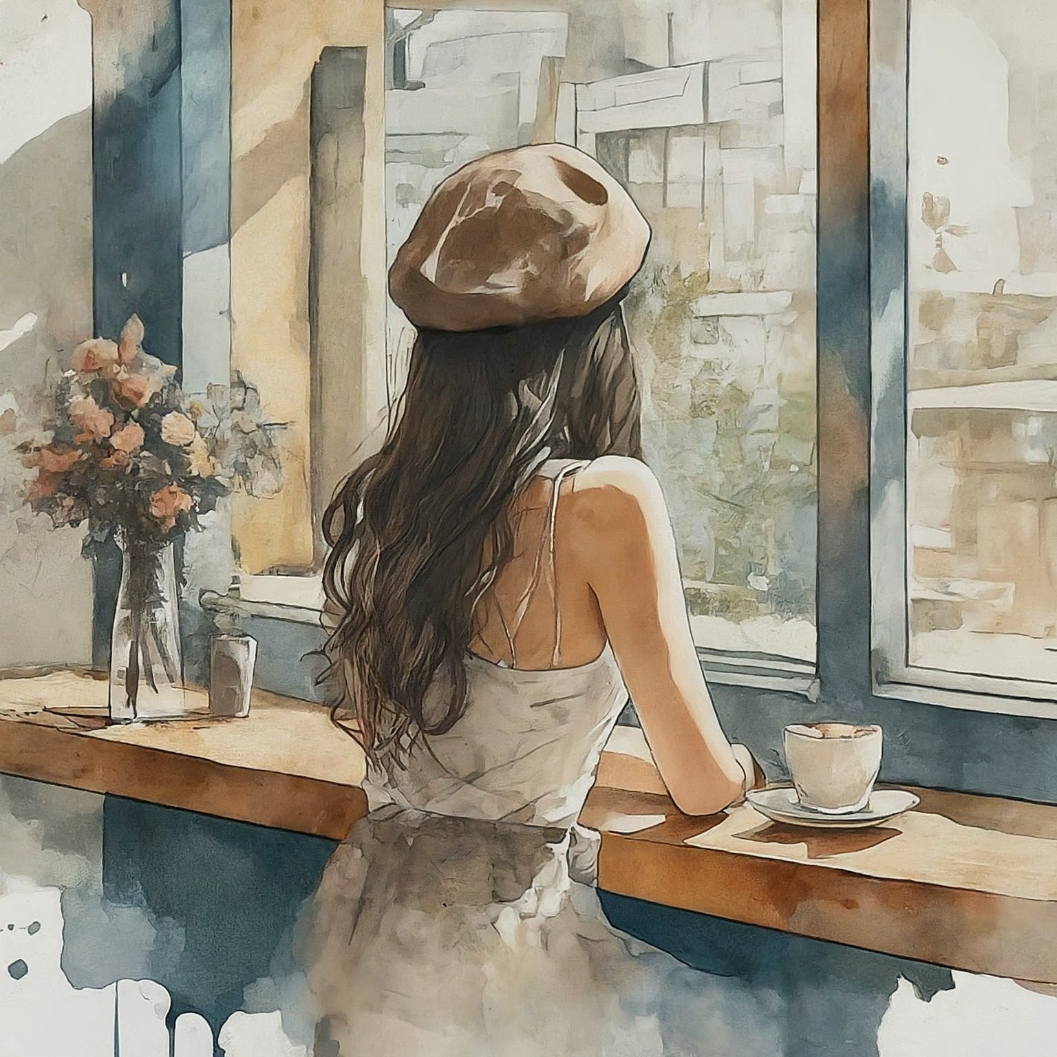 Watercolor style illustration of a woman seen from behind in a café, with a lazy atmosphere.